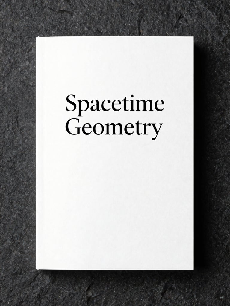 Minimalist book cover mockup on a dark stone background, elegant typography reading Spacetime Geometry, LaTeX style layout.