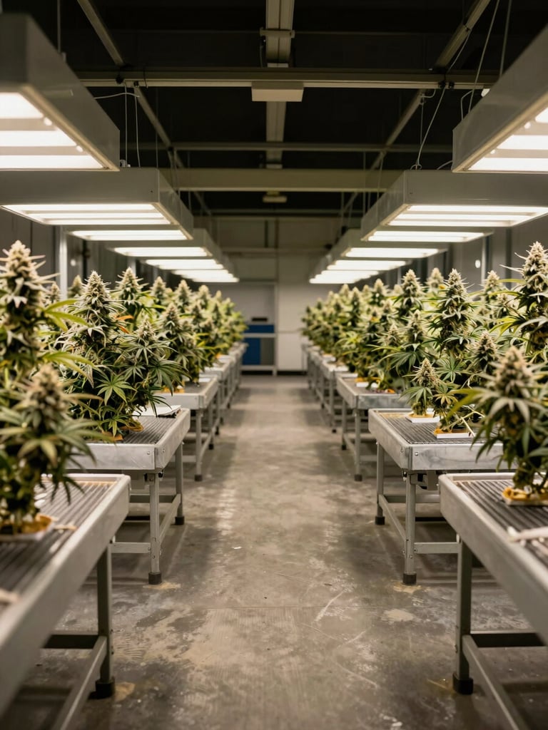 Wide shot looking down the length of a cannabis cultivation facility interior, rows of industrial grow tables receding into the background, overhead fluorescent work lighting casting sharp shadows, no people visible, utilitarian concrete floor, operational scale evident