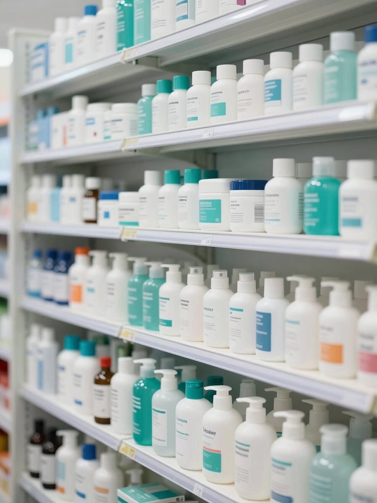 Clean organized pharmacy shelves with neatly arranged personal care bottles, bright natural daylight, clinical teal accents, 35mm lens