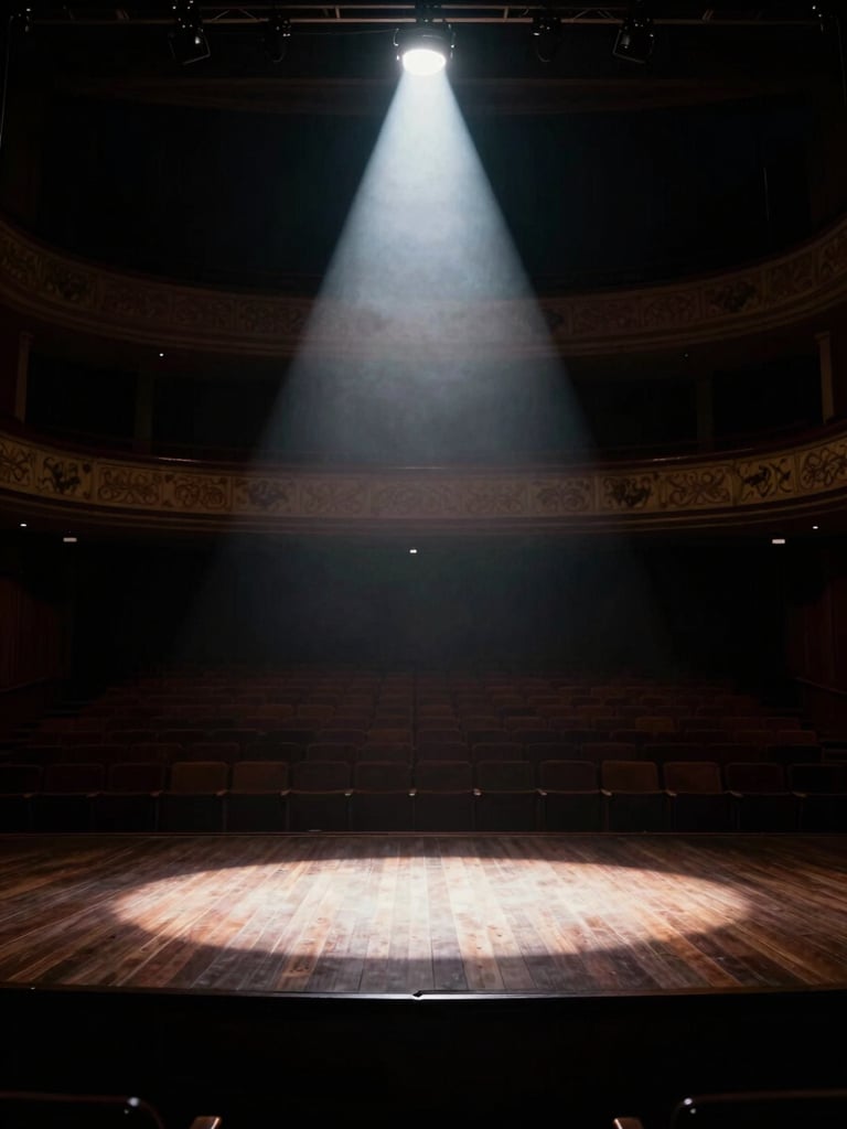 Dramatic low-angle shot of an empty mahogany auditorium stage, a single sharp spotlight cutting through deep shadows, high-contrast chiaroscuro, 35mm film grain.