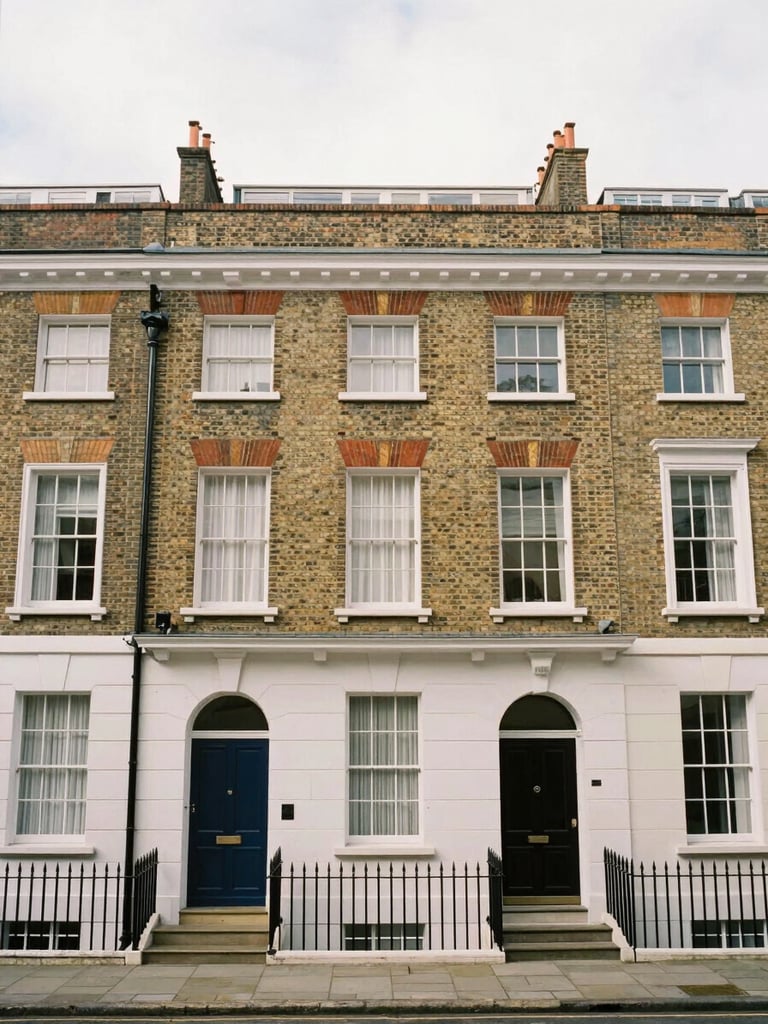 Straight-on architectural photograph of classic brick townhouses in Kensington, soft overcast London daylight, desaturated heritage tones, architectural 35mm lens.