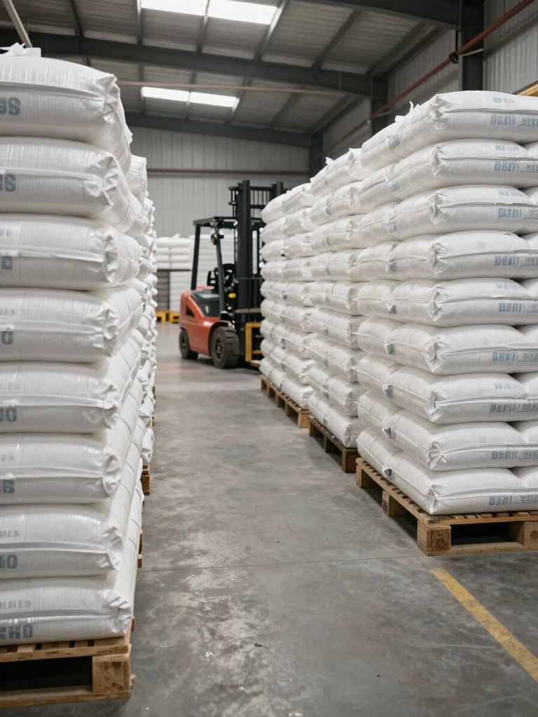 Deep warehouse interior under flat daylight, rows of stacked 50kg rice bags in uniform white packaging receding into the background, forklift visible at mid-distance, concrete floor clean and wide, high ceiling with industrial lighting
