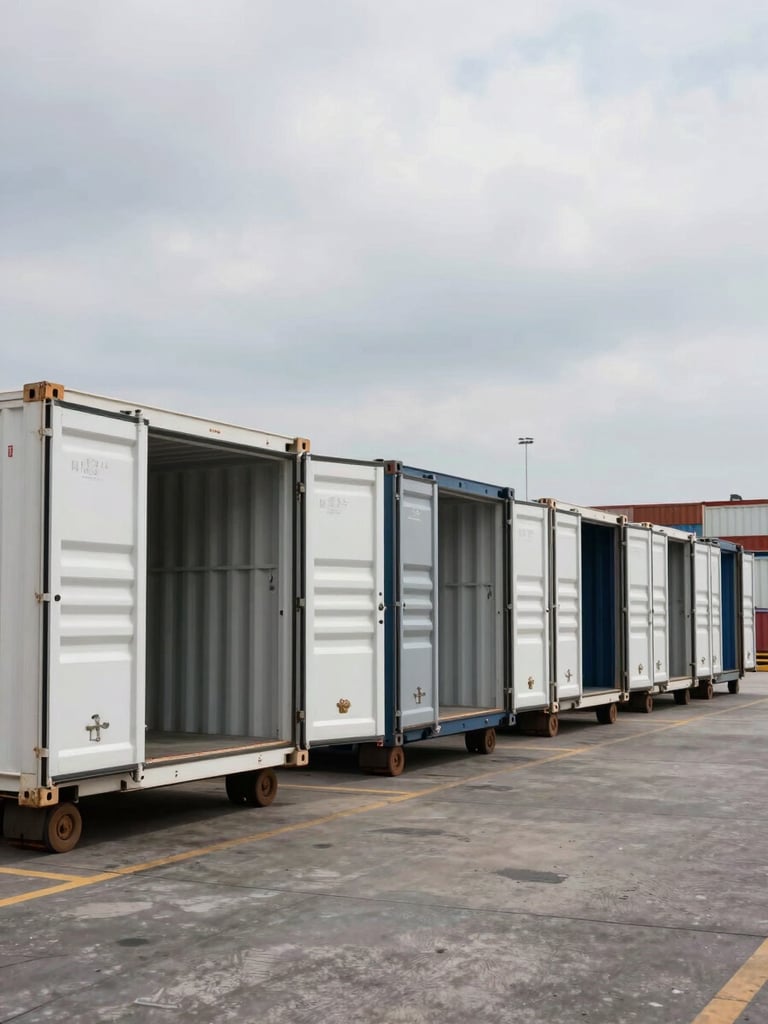 Wide-angle dock-level shot of refrigerated reefer containers lined up at a port terminal under flat overcast daylight, container doors open showing interior cooling rails, no people, operational scale