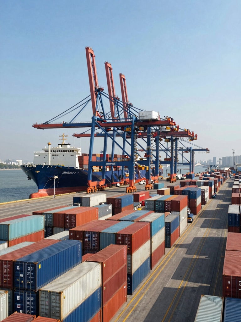 Wide panoramic view of a commercial port at daylight, stacked ISO shipping containers stretching deep into the frame on the right, gantry cranes visible mid-background, container vessel docked at berth, clean industrial blue sky overhead