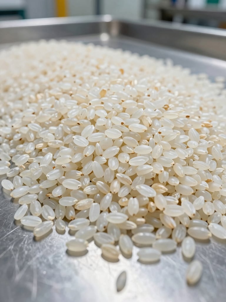 Close-up wide shot of a grading floor, sorted premium long-grain rice kernels spread across a clean stainless steel surface under clinical daylight, shallow depth of field showing grain uniformity and whiteness, processing facility context visible in background