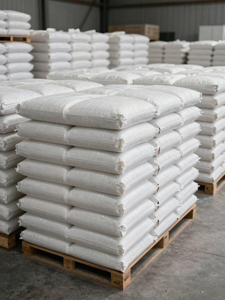 Wide shot of stacked white PP rice bags in a deep warehouse under natural daylight, rows receding into background showing scale and operational depth, clean concrete floor, no workers
