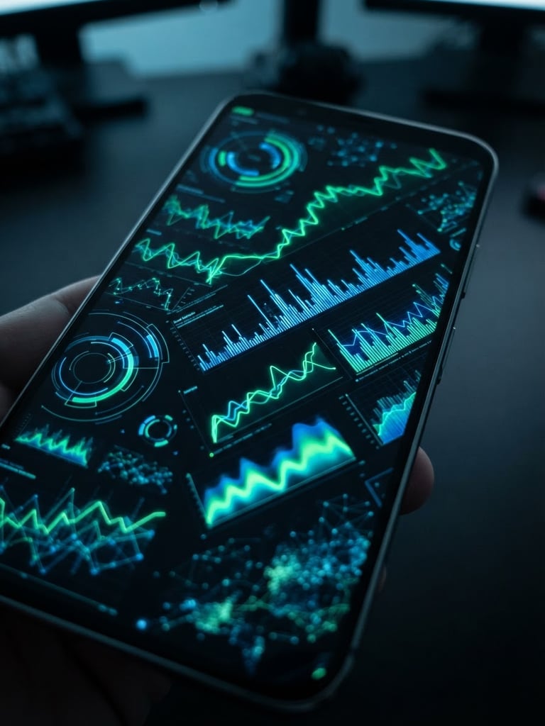 Close-up of a high-fidelity Android device mockup showing a complex data dashboard with neon green charts, dark moody background, electric blue accents, sharp focus, 35mm.