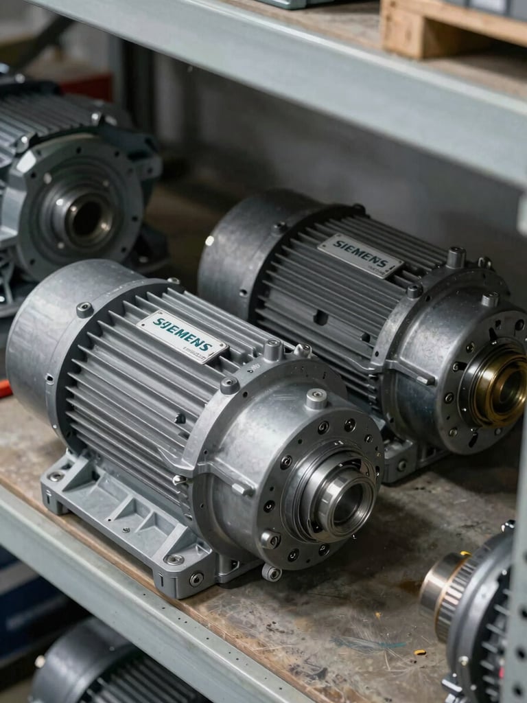 Close-up overhead shot of two Siemens electric motor housings on a steel warehouse shelf, serial number plates clearly visible, bright even studio lighting, no people, organized industrial inventory context