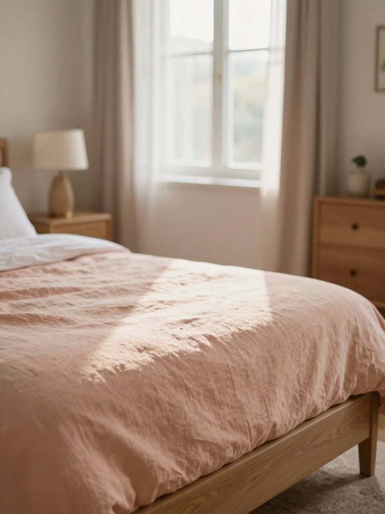 A bright, sunlit private bedroom with a neatly made bed, simple wooden furniture, soft peach linen, warm morning window light, shallow depth of field