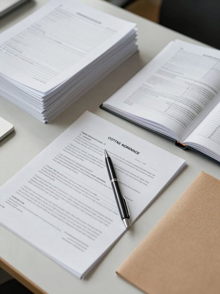 Close-up overhead view of an organized desk surface: printed documents in neat stacks, a pen resting on a signed form, a manila folder open to reveal structured data sheets — bright even office lighting, no shadows, clean institutional order