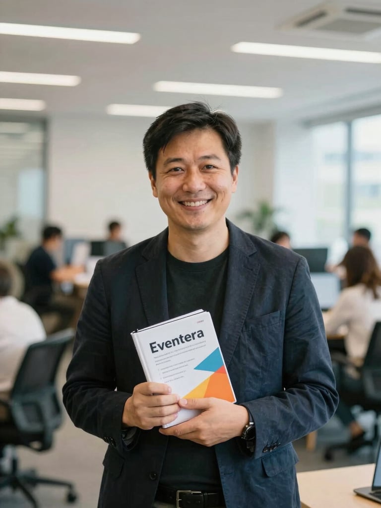 A candid portrait of Zheng, founder of Eventera, smiling in a modern bright creative office, wearing a casual dark blazer, holding a custom-branded event notebook, soft background blur, natural lighting