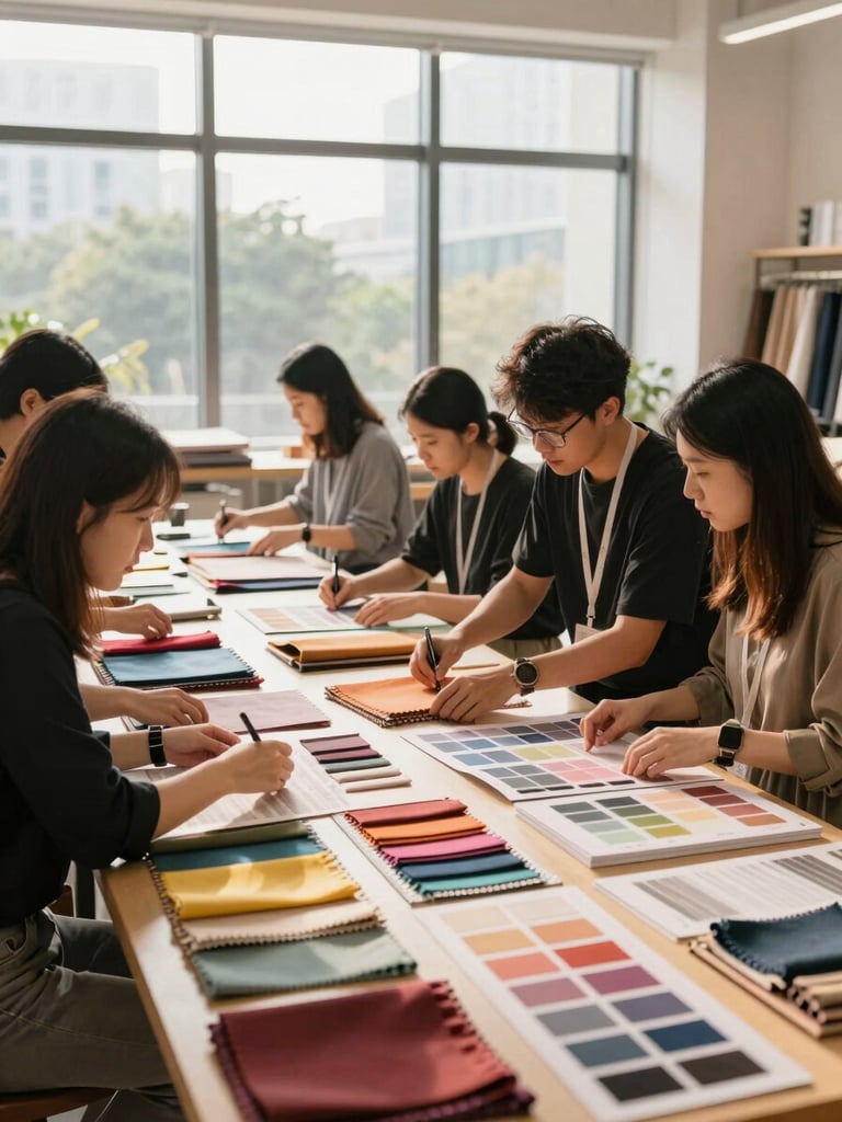 A professional design studio in Shenzhen, creative event planners reviewing custom fabric swatches and color proofs under warm natural window light, 35mm photography