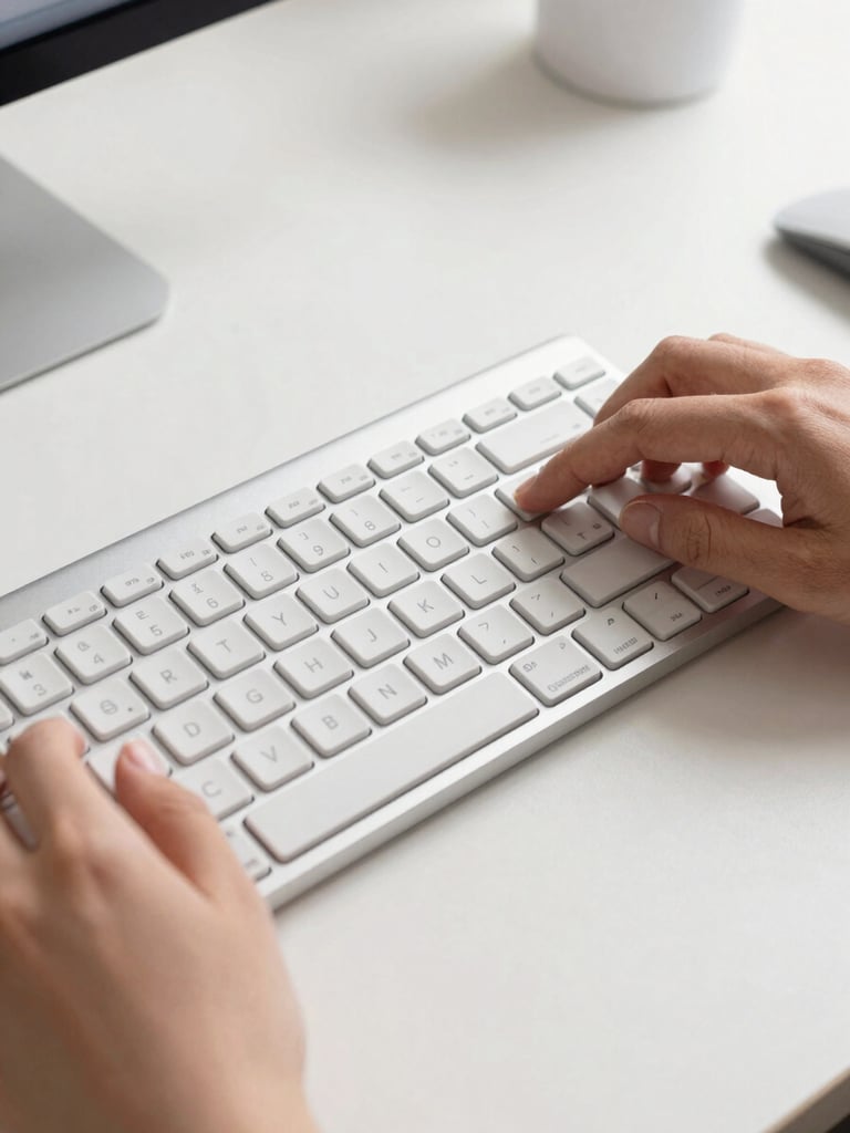 Close-up of hands inspecting a high-end sleek aluminum mechanical keyboard, warm natural lighting, clean modern workshop environment, sharp focus, premium craft aesthetic