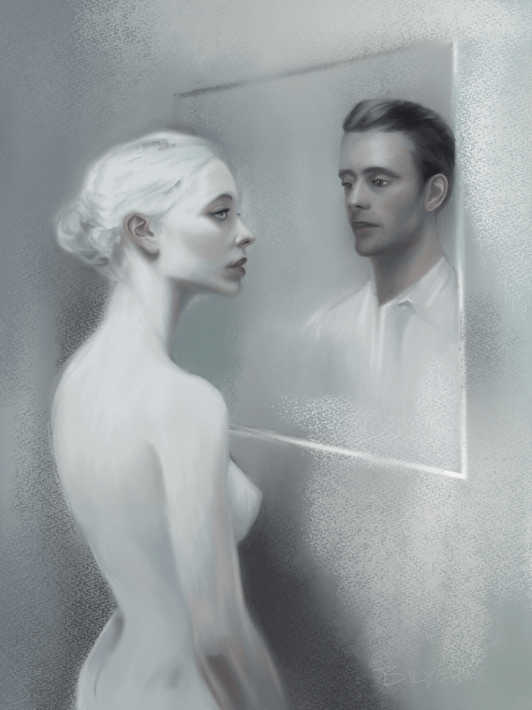 Digital painting of a woman looking in a mirror