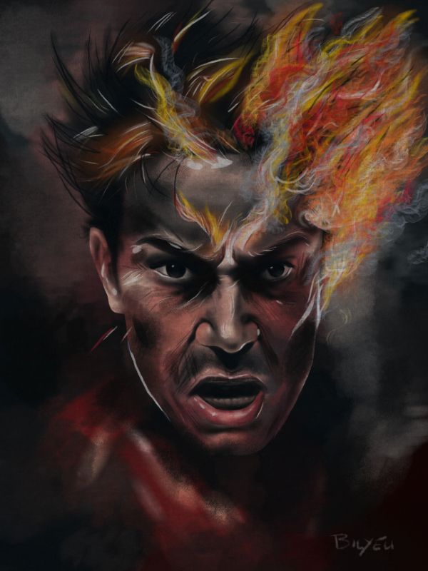 rageful man with flames