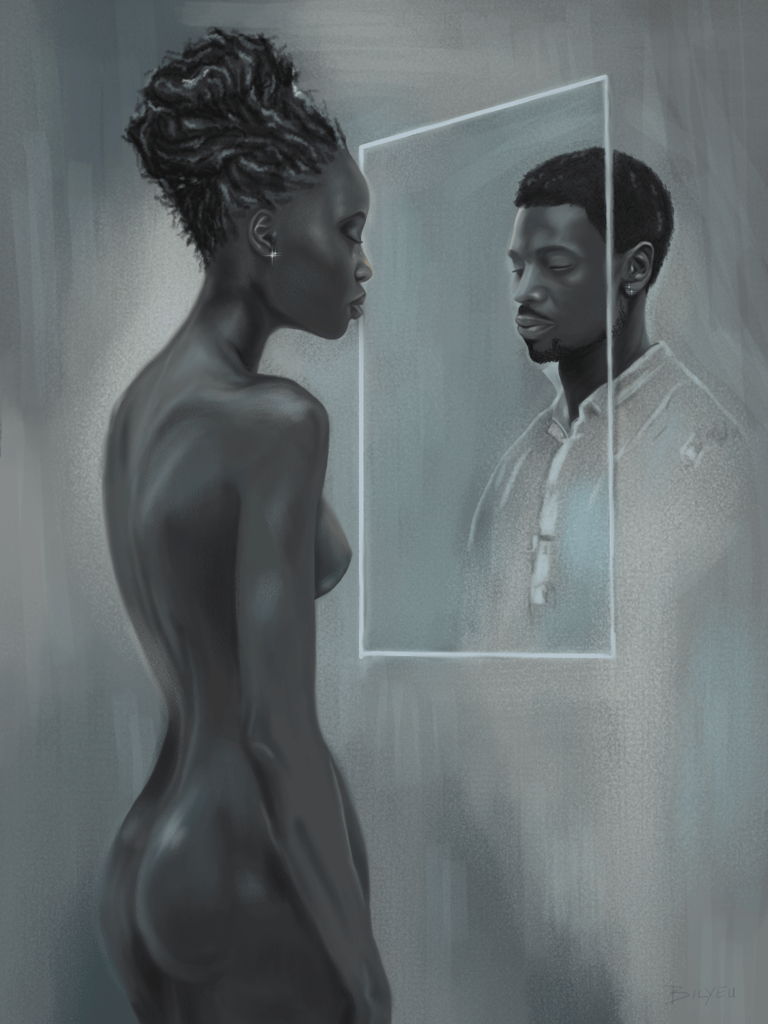 Digital painting of a woman standing in front of a mirror