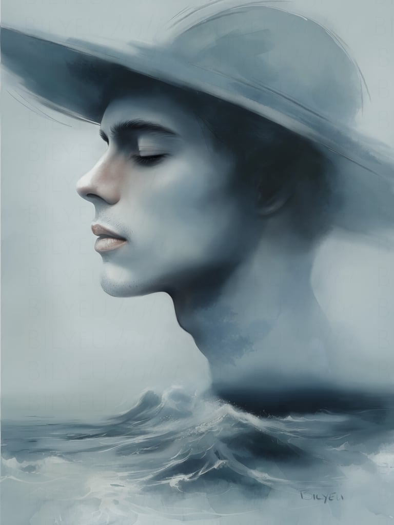 man in hat over ocean waves
