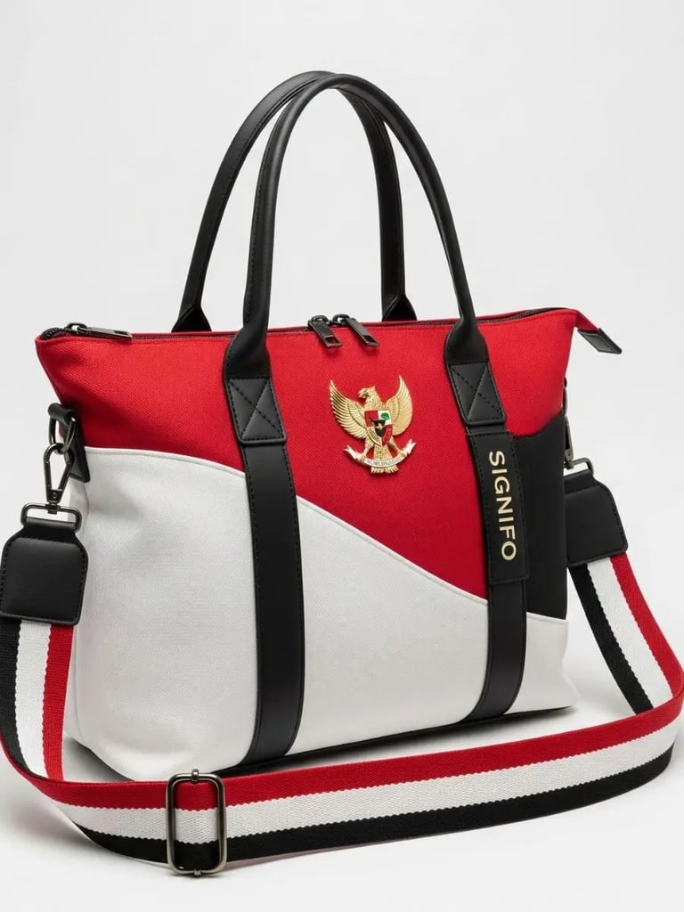 Tas multifungsi berwarna merah, putih, hitam dengan emblem Garuda dan tali strap Merah Putih.