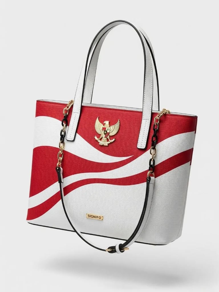Tas jinjing dengan motif gelombang merah putih yang dinamis dan emblem Garuda emas. Export to Sheets