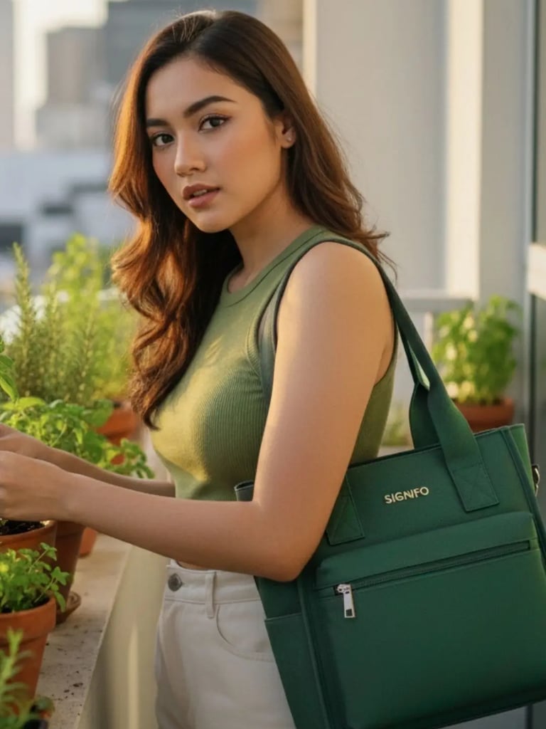 Wanita merawat tanaman di balkon, tas SIGNIFO hijau tersampir di bahunya.