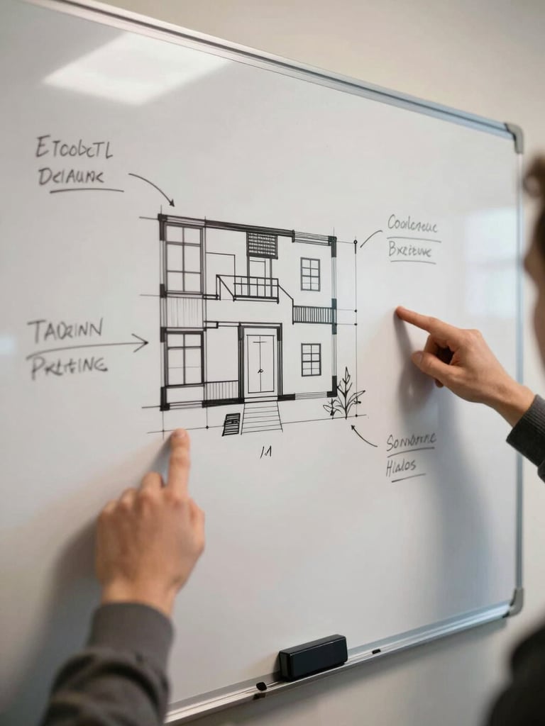 Overhead close view of a whiteboard mid-planning session, hand-drawn architecture diagram with annotations visible, two sets of hands pointing at different sections of the board, warm studio lighting, authentic in-progress feel