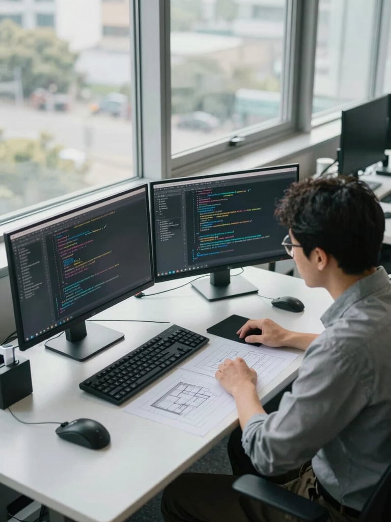 Wide overhead view of two engineers reviewing code on dual monitors at a shared desk, natural office daylight from tall windows casting even light across keyboards and printed architecture diagrams spread between them, shoulder-to-shoulder collaboration mid-review