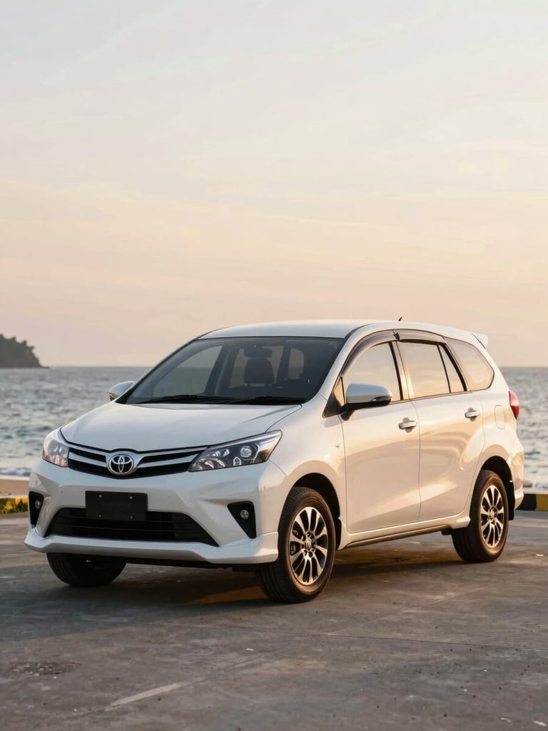 Clean polished Toyota Avanza parked at sunset near Lasiana Beach Kupang, calm sea in background, high-key warm lighting, professional automotive photography