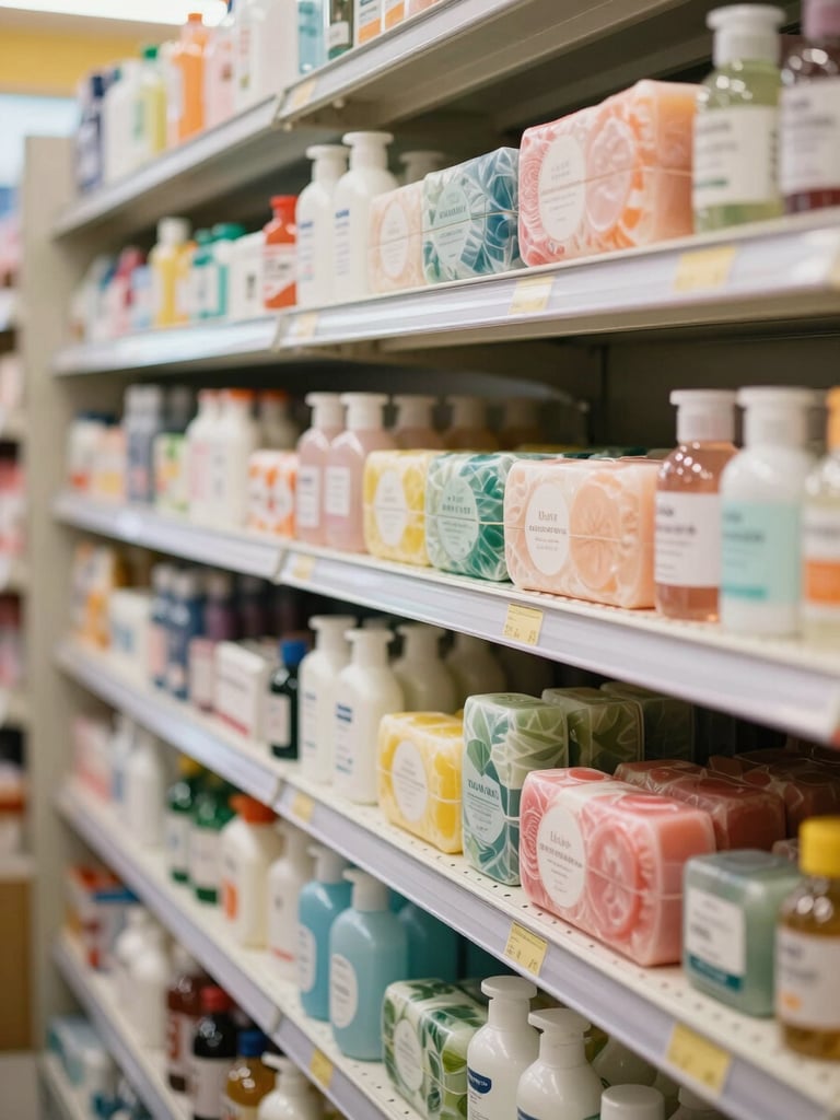 Bright, warm daytime shot of neatly arranged grocery and personal care shelves in a clean neighborhood store, close-up on colorful soaps and household essentials, soft natural light, welcoming local shop atmosphere.