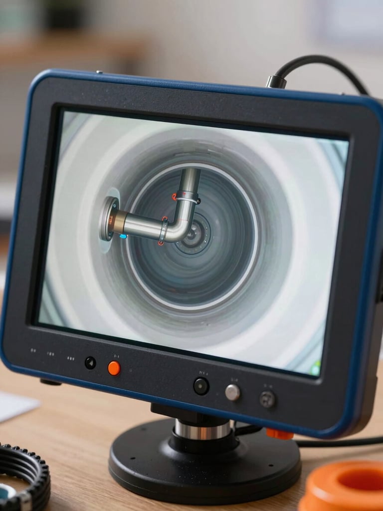 Close-up of a modern plumbing video inspection screen showing clean internal pipe diagnostics, bright utility lighting, professional blue and orange accents, technical gear.