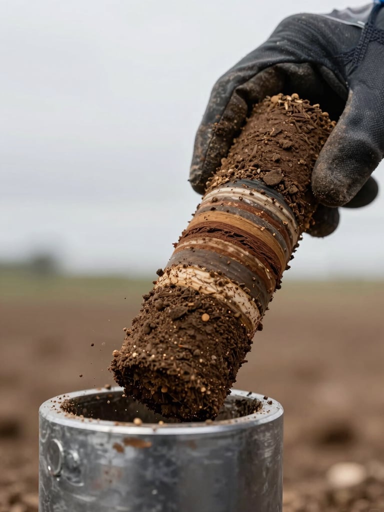 Extreme close-up, right-bleed portrait frame — a gloved hand extracting a cylindrical soil core sample from a steel bore tube on a field site, stratigraphic layers clearly visible in the core, overcast daylight, no shadows, clean controlled light, soil texture sharp and precise
