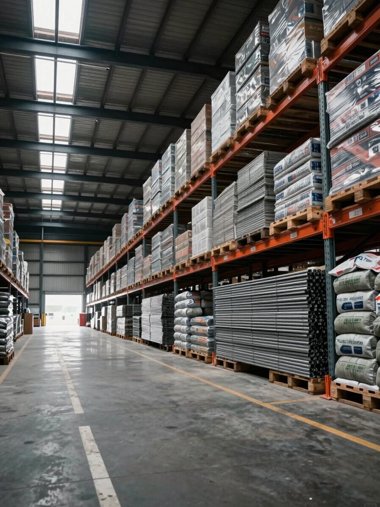 Wide panoramic view from inside a high-ceiling industrial warehouse, looking down a long aisle of organized pallet racks stacked floor to ceiling with steel products, lumber bundles, and bagged cement — cool north-light flooding in from clerestory windows left, deep shadow perspective drawing the eye toward the far end of the facility, concrete floor with painted logistics lanes visible in foreground