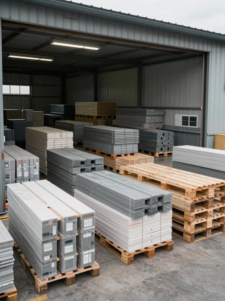Environmental wide shot of a loading dock at an industrial supply warehouse, full pallets of mixed construction materials staged in organized rows, overcast daylight through open dock doors, honest working conditions with visible dust and material scale