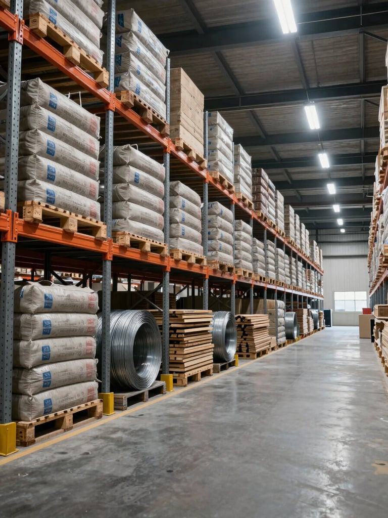 Wide-angle interior of an industrial warehouse distribution center, deep perspective showing organized steel pallet racking stacked floor to ceiling with construction materials — cement bags, steel coils, lumber bundles — under cool overhead fluorescent light casting hard shadows on concrete floors, framed from low-left to emphasize depth and inventory scale
