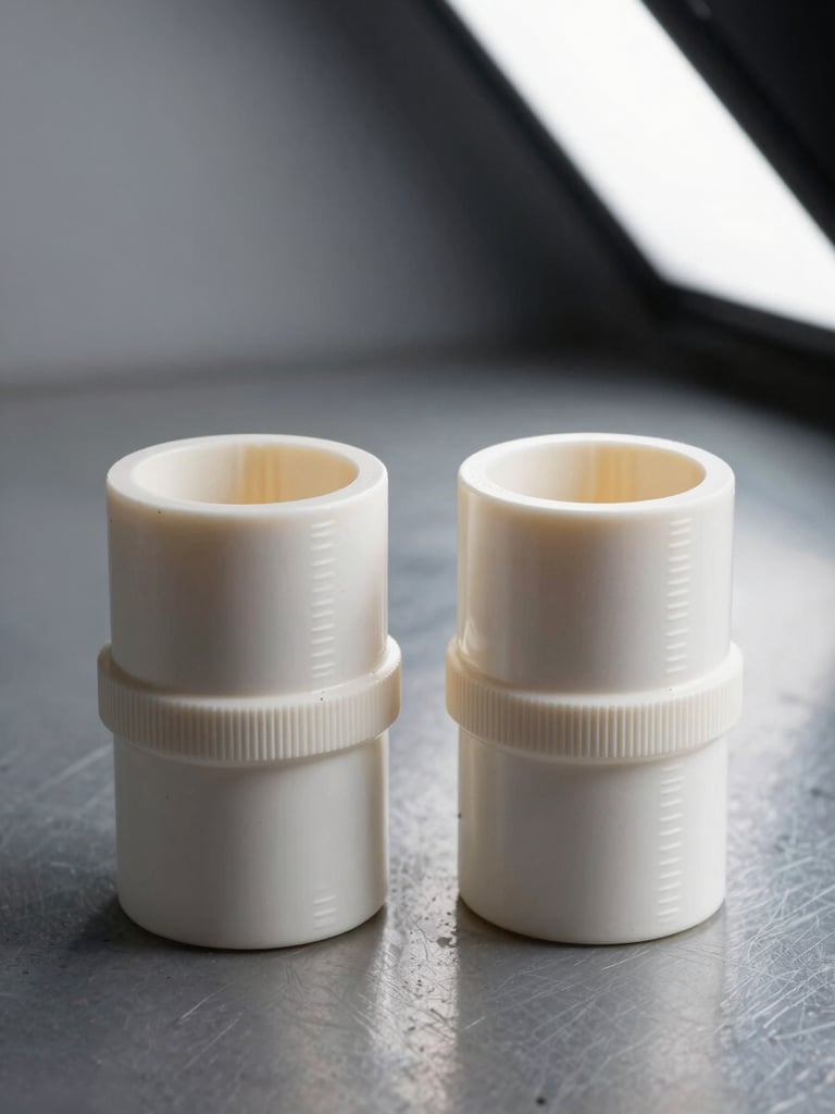 Extreme close-up of a commercial-grade PVC conduit coupling cross-section beside a residential-grade coupling — both cut cleanly and placed side-by-side on a grey steel surface, cool studio strobe from upper right raking across wall thickness and molded text markings, precision framing revealing material specification differences