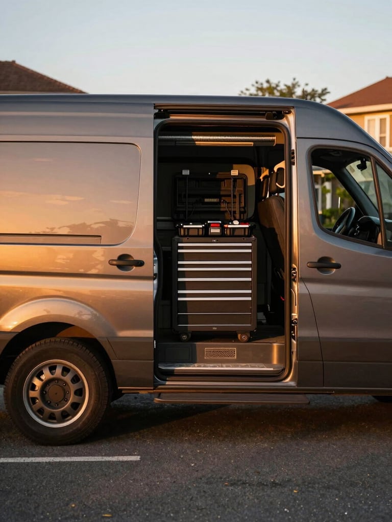 Wide shot of a dark work van parked on a residential street at golden hour, driver-side door open revealing organized tool cases inside, warm amber light raking across the vehicle panel from the left