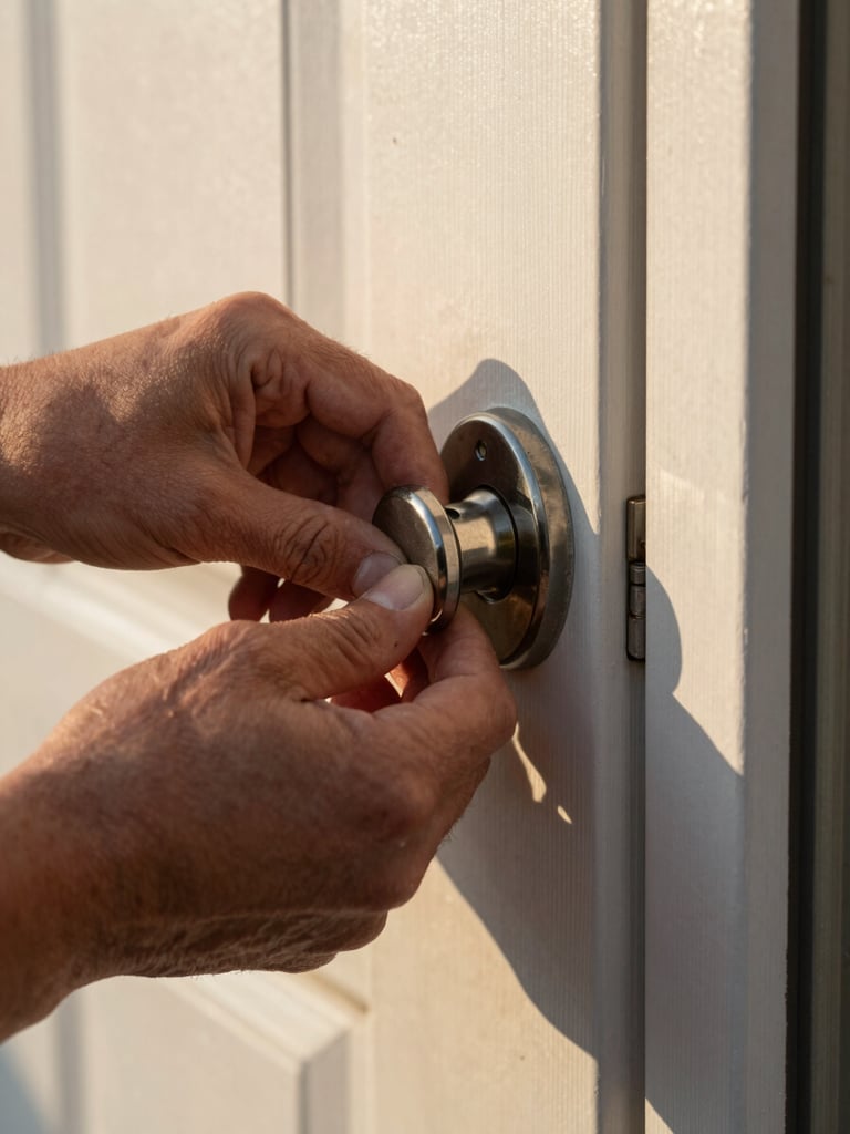 Close-up of weathered hands fitting a deadbolt cylinder into a door strike plate, natural golden-hour light raking across the metal hardware, residential front door edge visible at frame right