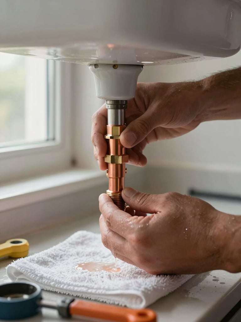 Close-up of a plumber's hands tightening a copper pipe fitting under a sink, natural window light from the left, wet towel and tools visible on the cabinet floor below, shallow depth of field on the joint