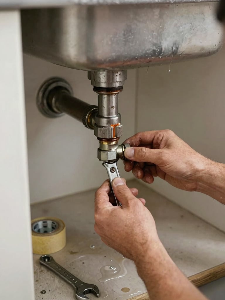 Close-up overhead of a plumber's hands diagnosing a corroded drain pipe beneath a kitchen sink, natural north-facing window light, water pooled on cabinet floor, wrench and pipe tape beside the fitting, real job-site grime visible