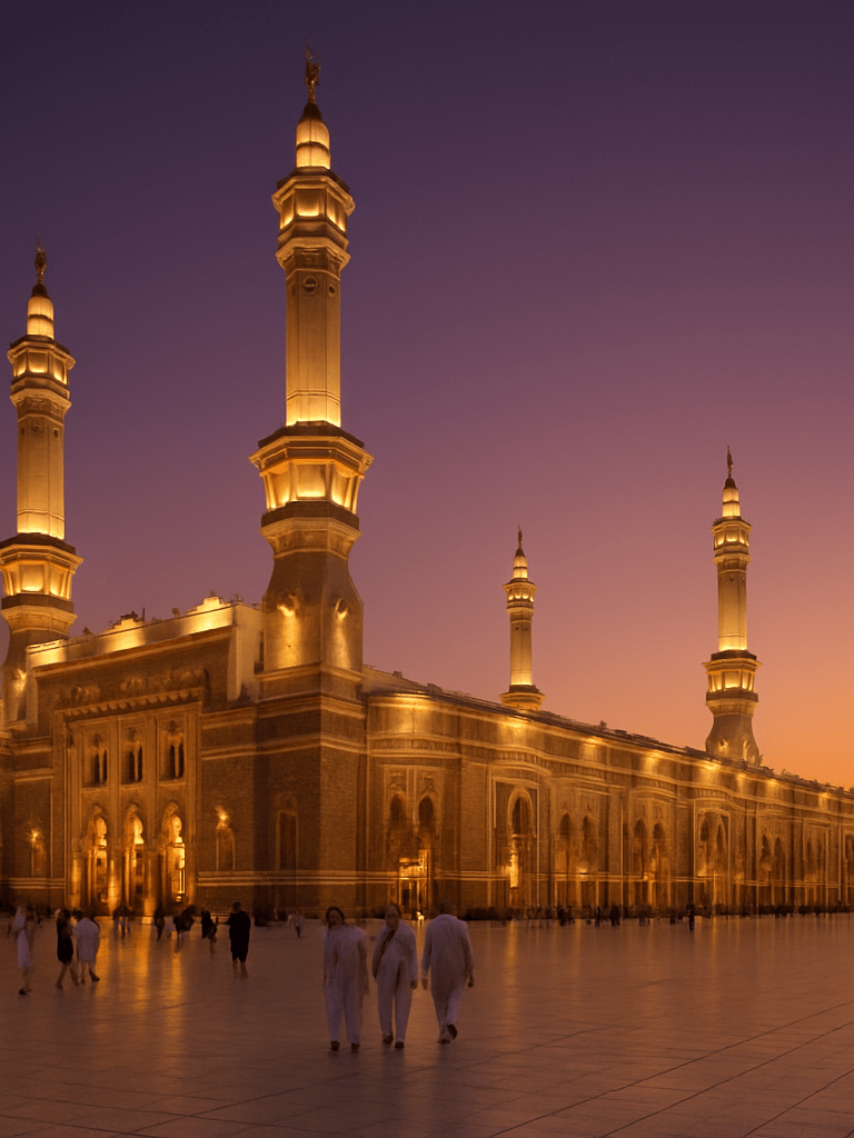 Wide panoramic view of Masjid al-Haram at golden hour, the Grand Mosque illuminated in warm amber light, minarets rising against a deep violet dusk sky, pilgrims small in the foreground approaching the entrance, vast open plaza stretching to the right