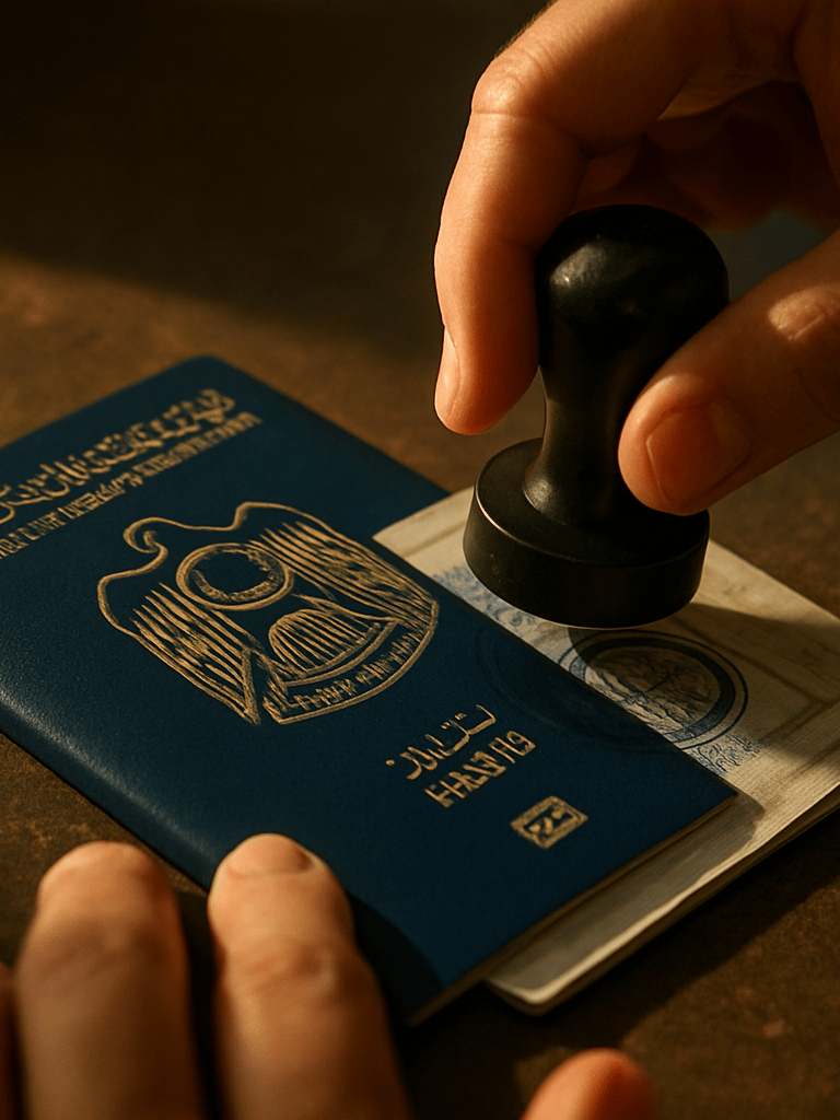 Close-up of a UAE passport being stamped at an immigration counter, golden light raking across the document surface, ink fresh on the official seal, hands partially visible at the edges, sharp detail on the visa sticker