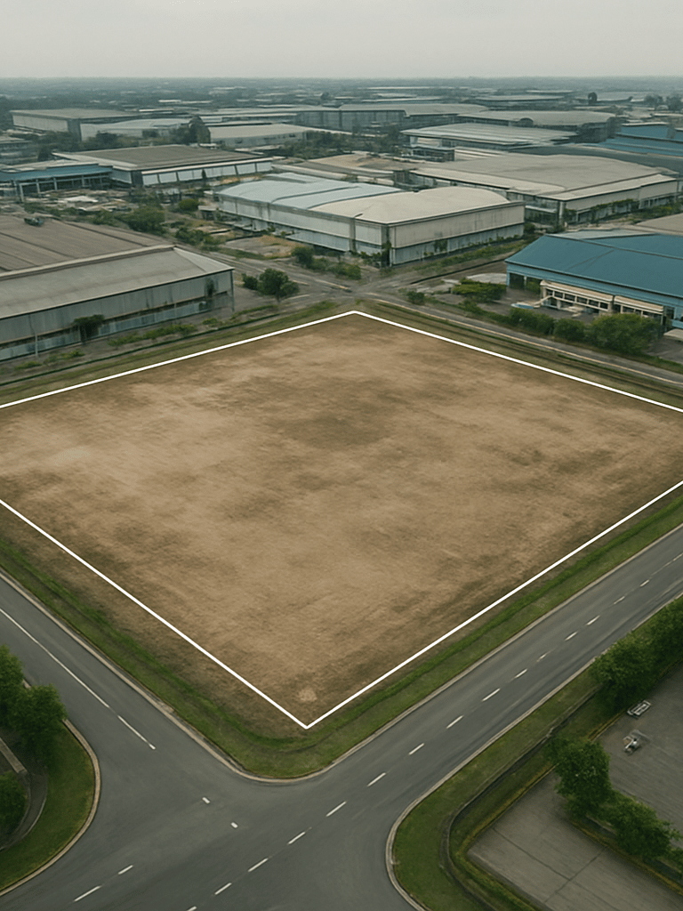 Wide diagonal aerial view of an industrial lot in Johor Bahru, clear lot boundary lines visible, overcast daylight for sharp detail, surrounding roads and neighbouring factories visible in the lower frame