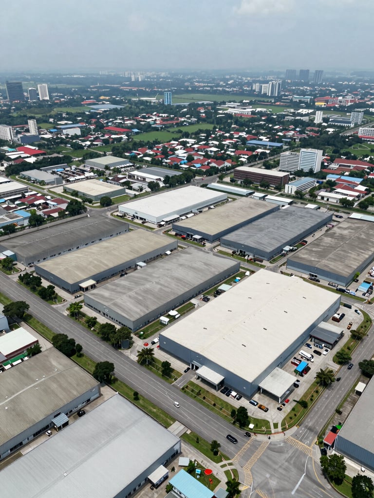 Wide aerial view looking down over Johor Bahru industrial zone, rectangular factory lots and access roads clearly delineated, overcast natural daylight, no people, documentary framing