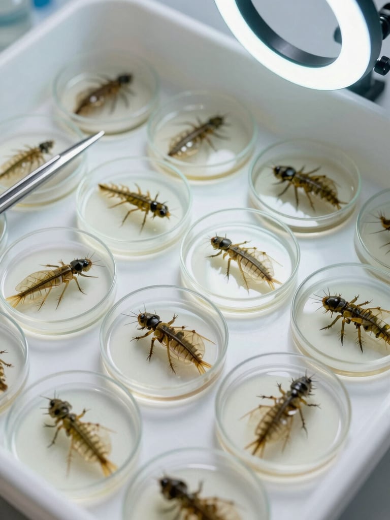 Close-up of a scientific sorting tray with freshwater macroinvertebrates, small petri dishes, and forceps, natural overcast daylight, high detail