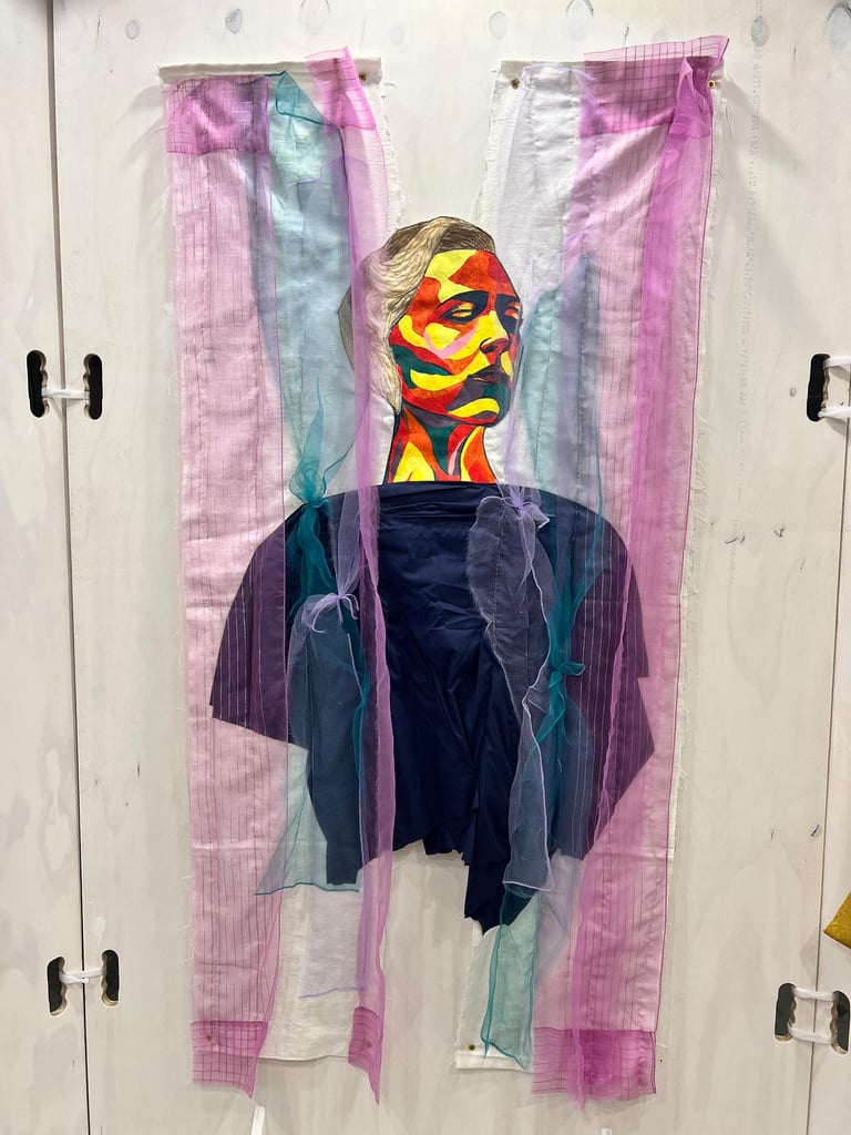 a painting of a woman with a colorful face and fabric draping around her body