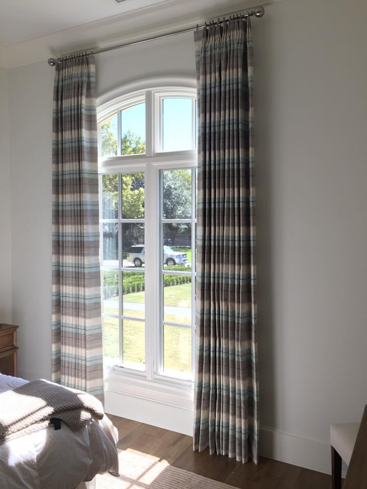 Custom Drapery Panels with horizontal stripe designer fabric on custom rod