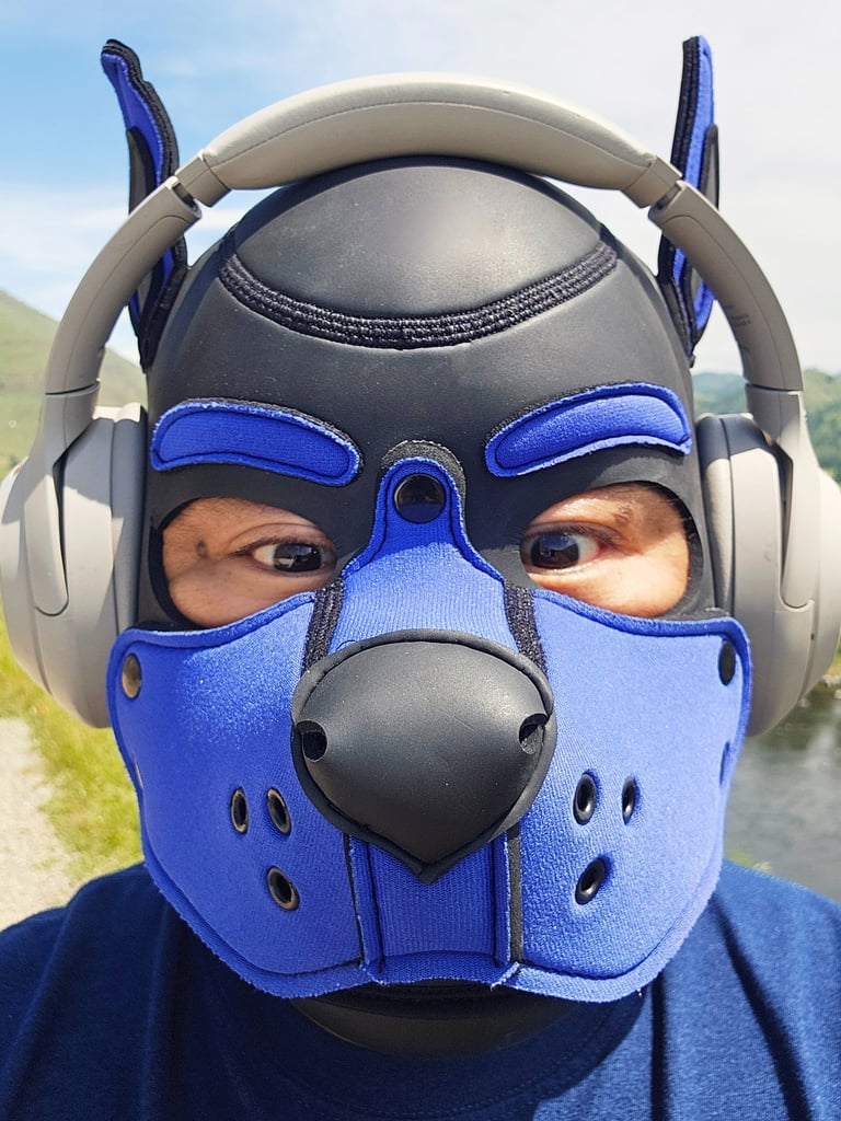 Closeup of a man in a pup mask wearing headphones.