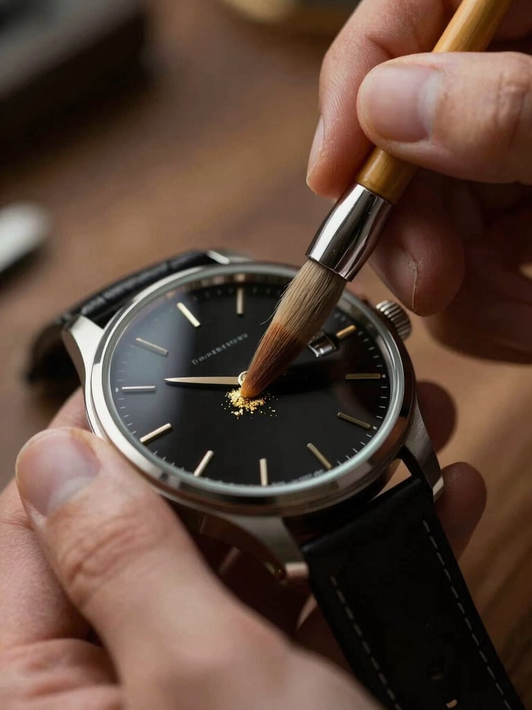 Extreme close-up of an artisan hand applying gold dust to a wet black lacquer watch dial using a fine bamboo brush, warm studio lighting, highly detailed