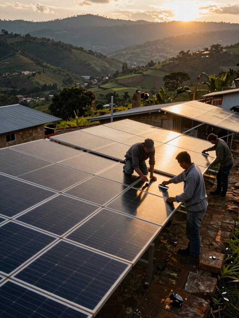 Wide portrait frame: technical team installing solar panels on a rural rooftop in the Colombian Andean foothills, shot from ground level looking up, golden hour light raking across the panels and the workers' silhouettes, Huila valley visible in the background, no posing — documentary capture of active installation work