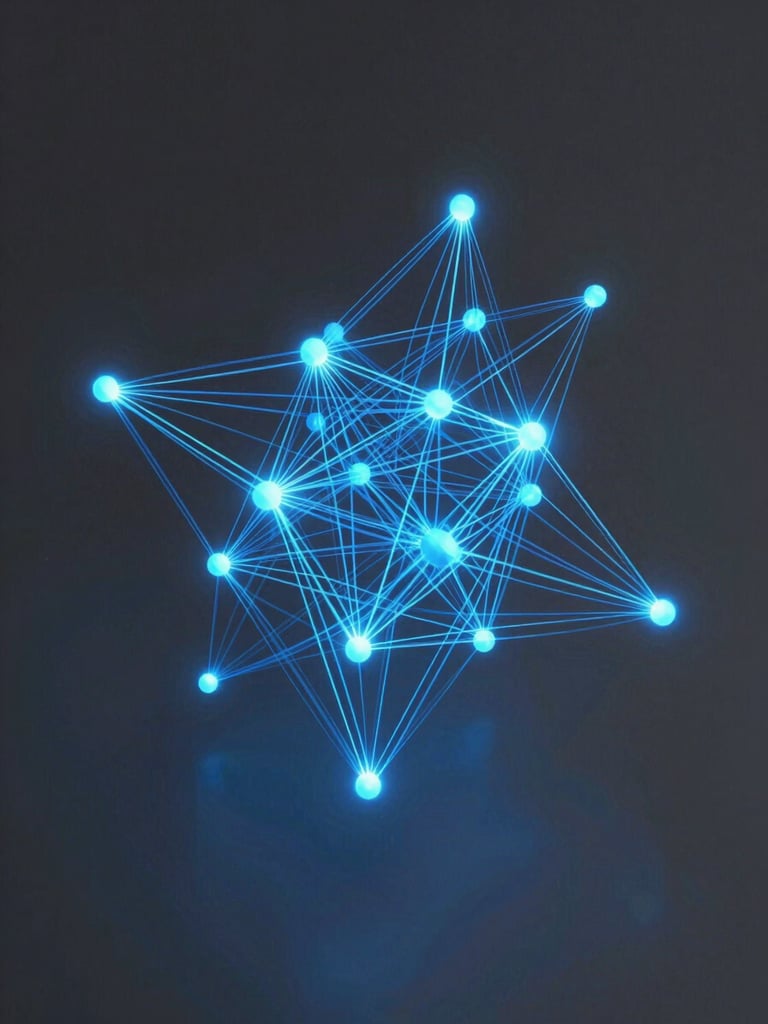 Isometric orthographic projection of abstract 3D digital network nodes, glowing electric blue vector trajectories, sharp cyan edge-glows, deep graphite background.
