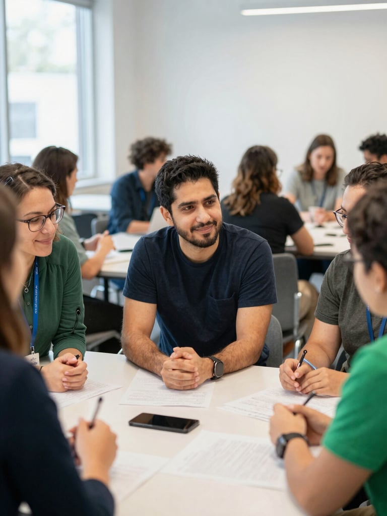 Candid environmental portrait of a diverse team of founders collaborating around a table in a bright, modern Ohio-based incubator hub, natural daylight, 35mm lens, shallow depth of field.